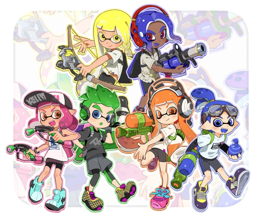 .96_gal_(splatoon) 3boys 3girls :d aviator_goggles baseball_cap bike_shorts black_leggings black_shorts blonde_hair blue_eyes blue_hair blue_outline blue_shoes blue_tongue blunt_bangs blush_stickers braid burst_bomb_(splatoon) colored_tongue dark-skinned_male dark_skin dot_nose drop_shadow dual_wielding eyebrow_cut fangs full_body goggles goggles_on_head green_hair grey_shirt grey_shorts gun hair_tie hat headphones hg_swdiary high_tops highres holding holding_gun holding_weapon ink_tank_(splatoon) inkling inkling_boy inkling_girl inkling_player_character layered_shirt leggings leggings_under_shorts long_hair looking_at_viewer medium_hair multiple_boys multiple_girls nintendo octoling octoling_boy octoling_player_character open_mouth orange_eyes orange_hair orange_outline orange_pupils outline parted_bangs pink_hair pink_shoes pointy_ears ponytail print_headwear print_shirt purple_hair purple_shoes purple_tongue red_eyes shirt shoes short_hair short_sleeves shorts simple_background single_blush_sticker single_braid smile smirk sneakers splat_dualies_(splatoon) splat_roller_(splatoon) splatoon_(series) splatoon_1 splatoon_2 splatoon_3 splattershot_(splatoon) standing standing_on_one_leg teeth tentacle_hair thick_eyebrows torn_clothes torn_shirt tri-stringer_(splatoon) twintails weapon white_background white_shirt yellow_eyes yellow_shirt yellow_shoes