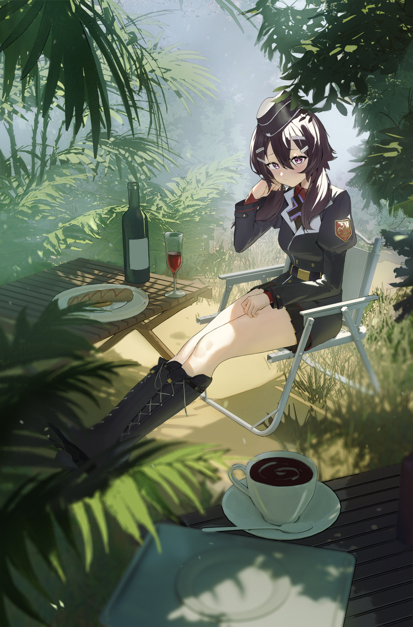 1girl absurdres alcohol black_boots black_c_(net_dust) black_hat black_skirt blue_archive blurry boots bottle breasts brown_hair chair coffee collared_shirt commentary depth_of_field full_body glass hair_between_eyes hair_ornament hairclip haruka_(blue_archive) hat highres juliet_sleeves long_sleeves looking_at_viewer medium_hair pink_eyes plant plate pleated_shirt puffy_sleeves red_shirt saucer shirt shoelaces shoes sitting skirt solo spoon wine