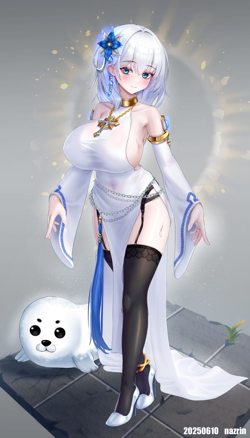 1girl absurdres animal anklet armpit_crease artist_name bare_shoulders black_panties black_thighhighs blue_eyes blue_gemstone blush breasts chain collarbone commentary_request commission cross crossed_legs detached_sleeves dress flower full_body garter_straps gem gold_armlet gold_chain gold_collar grey_background hair_flower hair_ornament halter_dress halterneck high_heels highres jewelry korean_commentary large_breasts light_particles looking_at_viewer medium_hair nazrin_(fwpt8745) necklace original paid_reward_available panties pelvic_curtain priana seal_(animal) shoes side_slit sideboob sideless_outfit sleeveless sleeveless_dress smile solo standing sweat tassel thighhighs thighs tile_floor tiles underwear watson_cross white_dress white_shoes wide_sleeves