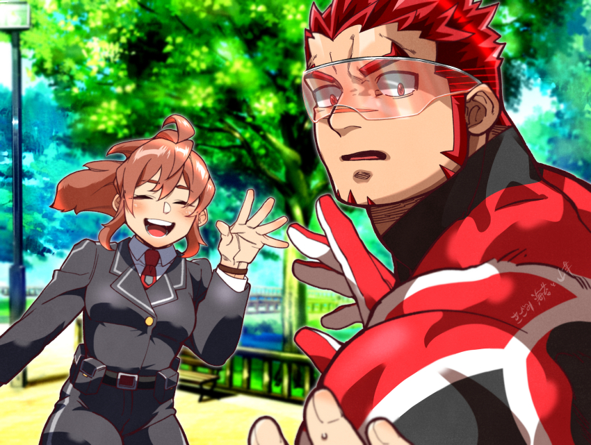 1girl akashi_(live_a_hero) bara cowboy_shot day facial_hair facing_viewer female_protagonist_(live_a_hero) goatee happy highres kizami_nori_to_yamaimo large_pectorals live_a_hero long_sideburns looking_at_viewer muscular muscular_male pectorals pov pov_hands red_eyes red_hair scar scar_on_face scar_on_nose short_hair sideburns sunlight superhero_costume thick_eyebrows waving
