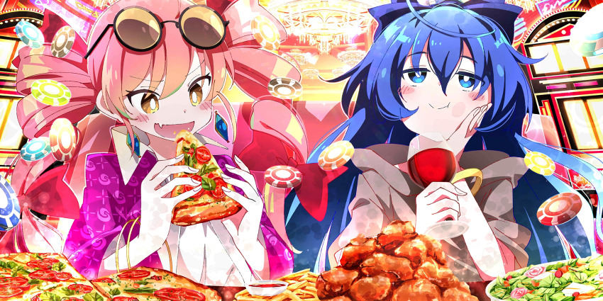 2girls bangle blue_bow blue_eyes blue_hair blush bow bracelet bright_pupils chandelier closed_mouth commentary cup drill_hair drinking_glass earrings eating english_commentary eyewear_on_head fang food food_request french_fries game_cg grey_hoodie hair_between_eyes hair_bow happy highres holding holding_cup holding_food holding_pizza hood hoodie ixy jewelry long_hair long_sleeves multiple_girls official_art open_mouth pink_hair pizza pizza_slice poker_chip round_eyewear short_sleeves siblings sisters skin_fang smile third-party_source touhou touhou_lostword twin_drills very_long_hair white_pupils wide_sleeves wine_glass yorigami_jo&#039;on yorigami_shion
