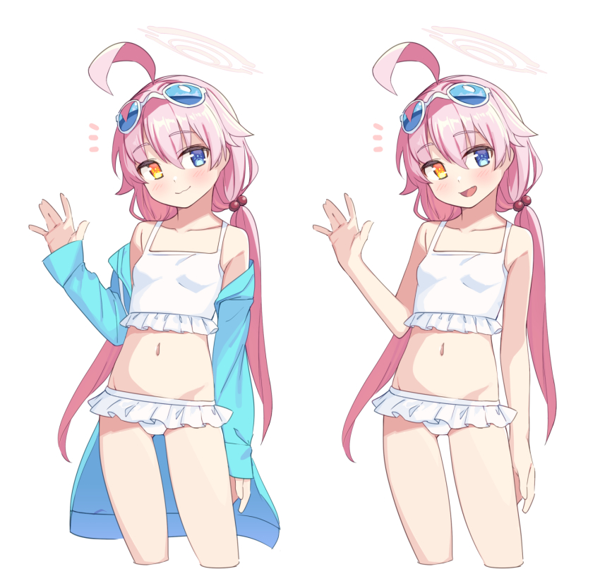 1girl :3 :d ahoge bare_arms bare_shoulders beads bikini blue_archive blue_eyes blue_jacket breasts collarbone cropped_legs eyewear_on_head frilled_bikini frills hair_beads hair_between_eyes hair_ornament halo heterochromia highres hoshino_(blue_archive) hoshino_(swimsuit)_(blue_archive) jacket long_hair long_sleeves looking_at_viewer midriff multiple_views navel off_shoulder open_clothes open_jacket open_mouth pink_hair saiste simple_background small_breasts smile sunglasses swimsuit twintails waving white_background white_bikini yellow_eyes