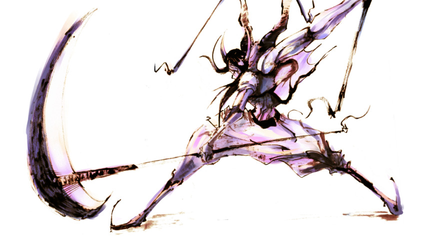 1boy arms_up arrancar black_hair bleach commentary_request demon_horns extra_arms facing_viewer faux_traditional_media fighting_stance floating_clothes floating_hair full_body holding holding_scythe horns ikuyoan long_hair multiple_wielding nnoitra_gilga pants scythe shirt simple_background solo standing white_background white_pants white_shirt