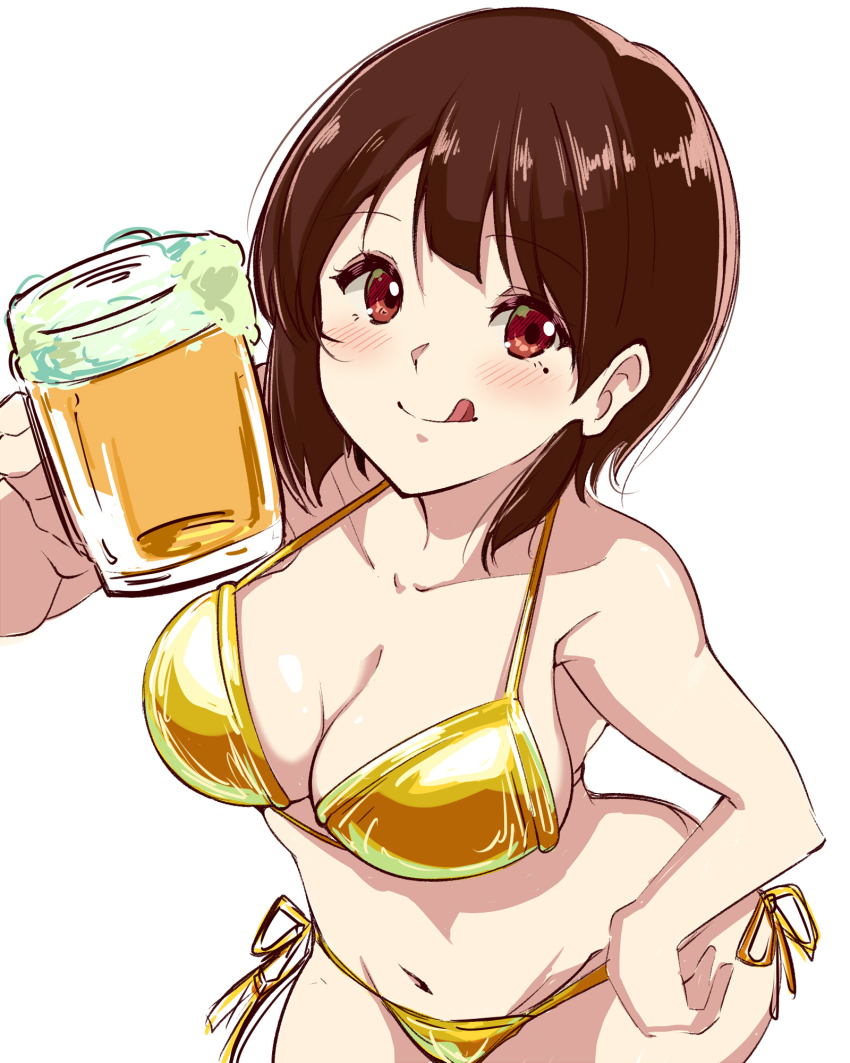 1girl beer_mug bikini blush breasts brown_hair cup gold_bikini hibike!_euphonium highres holding holding_cup kanmuri_neko large_breasts looking_at_viewer mole mole_under_eye mug nakaseko_kaori navel red_eyes short_hair smile solo stomach swimsuit tongue tongue_out