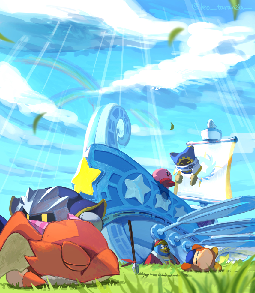 absurdres bandana bandana_waddle_dee blue_sky blush_stickers closed_eyes cloud disembodied_hand grass highres king_dedede kirby kirby&#039;s_return_to_dream_land kirby_(series) landia leo_taranza light_rays lor_starcutter lying magolor mask meta_knight nintendo no_humans polearm rainbow rayman_limbs sky smile spear star_(symbol) twitter_username weapon