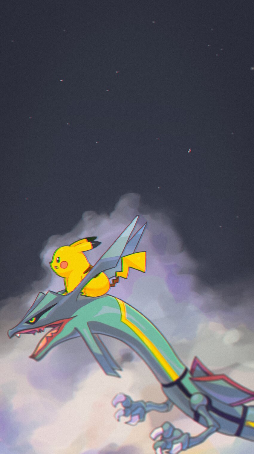 absurdres animal_focus black_eyes blurry chromatic_aberration claws cloud depth_of_field dragon gen_1_pokemon gen_3_pokemon grey_sky highres legendary_pokemon nintendo no_humans open_mouth pikachu pokemon pokemon_(creature) rayquaza riding saiku_(zvlku) sharp_teeth sky star_(sky) starry_sky teeth yellow_eyes