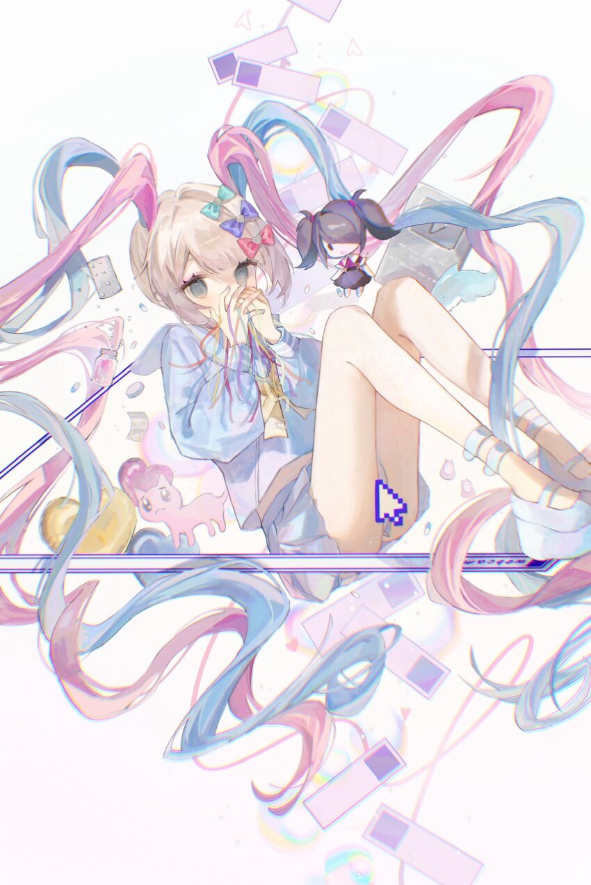 2girls @_@ ame-chan_(needy_girl_overdose) blonde_hair blue_bow blue_eyes blue_hair blue_serafuku blue_shirt blue_shoes blue_skirt bow bowtie cat chibi chibi_inset chouzetsusaikawa_tenshi-chan confetti covering_own_mouth cursor drugs dual_persona hair_bow highres long_hair multiple_girls multiple_hair_bows needy_girl_overdose pien_cat_(needy_girl_overdose) pink_bow pink_hair purple_bow quad_tails school_uniform serafuku shirt shiruru531 shoes simple_background skirt very_long_hair white_background yellow_bow yellow_bowtie youtube_creator_award