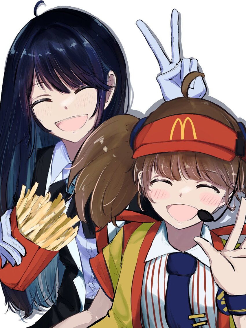 2girls ^_^ ado_(utaite) ahoge black_bow black_bowtie black_coat blue_hair blue_necktie blush bow bowtie brown_hair chando_(ado) closed_eyes coat collared_shirt colored_inner_hair commentary_request dress_shirt drop_shadow earpiece food french_fries gloves highres imadake_dabuchi_tabemi long_hair mcdonald&#039;s medium_hair mole mole_under_eye multicolored_hair multiple_girls necktie open_mouth shirt short_sleeves simple_background striped_clothes striped_shirt tanake_(tanakei_ado) twintails utaite v white_background white_gloves white_shirt
