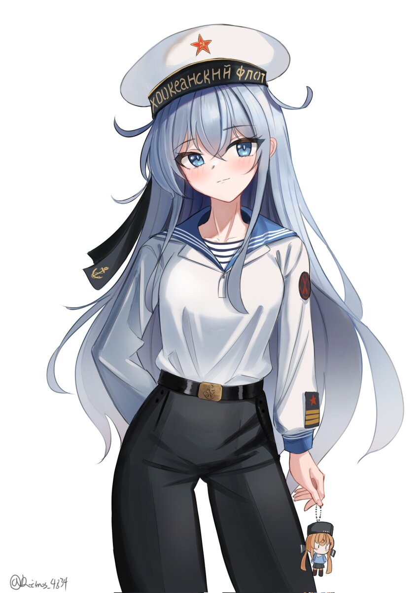 1girl alternate_costume black_pants blue_eyes blue_sailor_collar character_doll corrupted_twitter_file dimos_(dawn_1945) grey_hair hat hibiki_(kancolle) highres kantai_collection long_hair military_uniform naval_uniform naval_working_uniform pants sailor_collar sailor_shirt shirt simple_background solo soviet_navy tashkent_(kancolle) verniy_(kancolle) white_background white_hat white_shirt