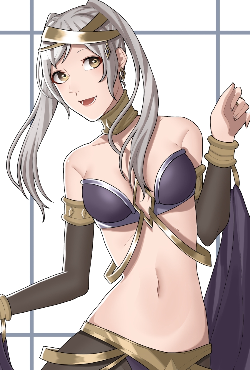 1girl alternate_costume ao_saryaruhu armlet armpit_crease belly_dancer bra bracelet breasts brown_eyes circlet cleavage clenched_hand collar collarbone earrings elbow_gloves eyelashes female_focus fingerless_gloves fingernails fire_emblem fire_emblem_awakening gloves hair_ornament hands_up happy highres jewelry leaning_to_the_side loincloth long_hair looking_at_viewer lots_of_jewelry medium_breasts midriff navel neck nintendo olivia_(fire_emblem)_(cosplay) open_mouth pendant robin_(female)_(fire_emblem) robin_(fire_emblem) sidelocks smile standing stomach strapless strapless_bra swept_bangs twintails underwear upper_body white_hair