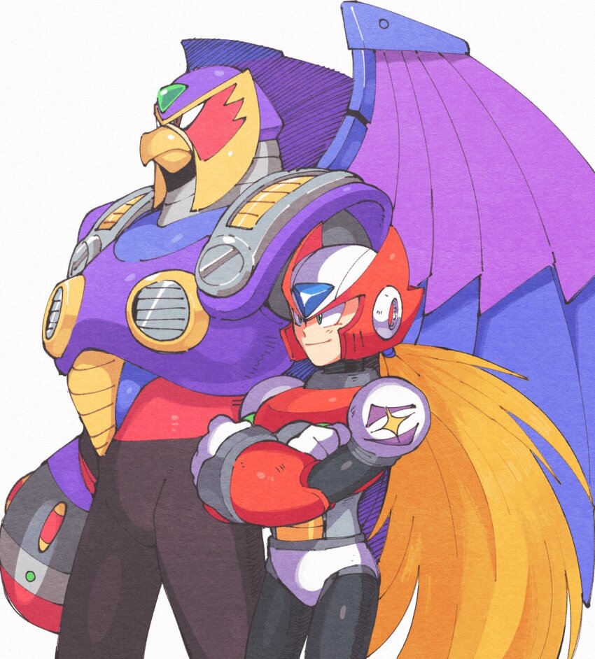 2boys android arm_cannon armor beak bird_boy black_bodysuit blonde_hair blue_gemstone bodysuit brown_eyes cowboy_shot crossed_arms forehead_jewel gem gloves green_gemstone height_difference helmet highres humanoid_robot inkerton-kun long_hair low_ponytail male_focus mechanical_wings mega_man_(series) mega_man_x1 mega_man_x_(series) metal_wings multiple_boys ponytail purple_armor purple_wings red_armor red_helmet robot smile storm_eagle_(mega_man) v-shaped_eyes very_long_hair weapon white_gloves white_helmet wings zero_(mega_man)