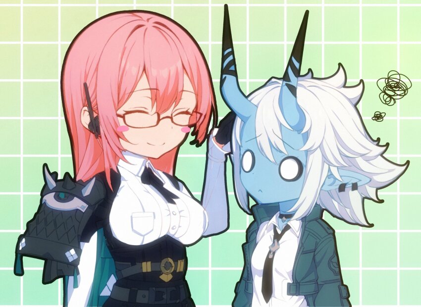 2girls armor black_gloves black_necktie black_skirt blue_skin blush closed_eyes closed_mouth colored_skin dress_shirt gloves green_jacket hair_between_eyes headpat high-waist_skirt highres horns jacket kakk_e long_hair multiple_girls necktie o_o oni pencil_skirt pink_hair pointy_ears shirt short_hair shoulder_armor sidelocks simple_background skirt smile soukaku_(zenless_zone_zero) tsukishiro_yanagi white_hair white_shirt zenless_zone_zero