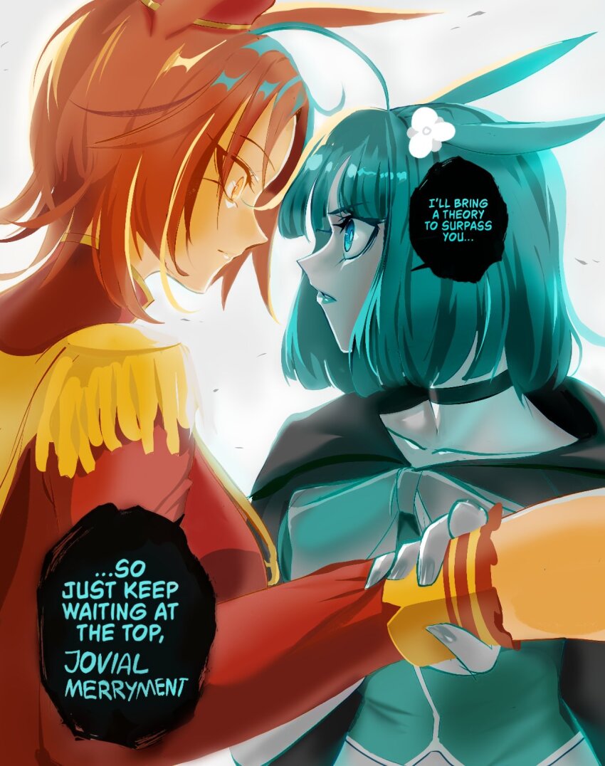 2girls 8log4icy animal_ears black_cape black_choker blue_hair blue_lips blue_nails blue_suit cape choker collarbone cyan_(horse_race_tests) dress formal_clothes high_collar highres holding_another&#039;s_wrist horse_ears horse_girl horse_race_tests jovial_merryment long_sleeves looking_at_another multiple_girls orange_hair red_dress short_hair shoulder_pads suit upper_body