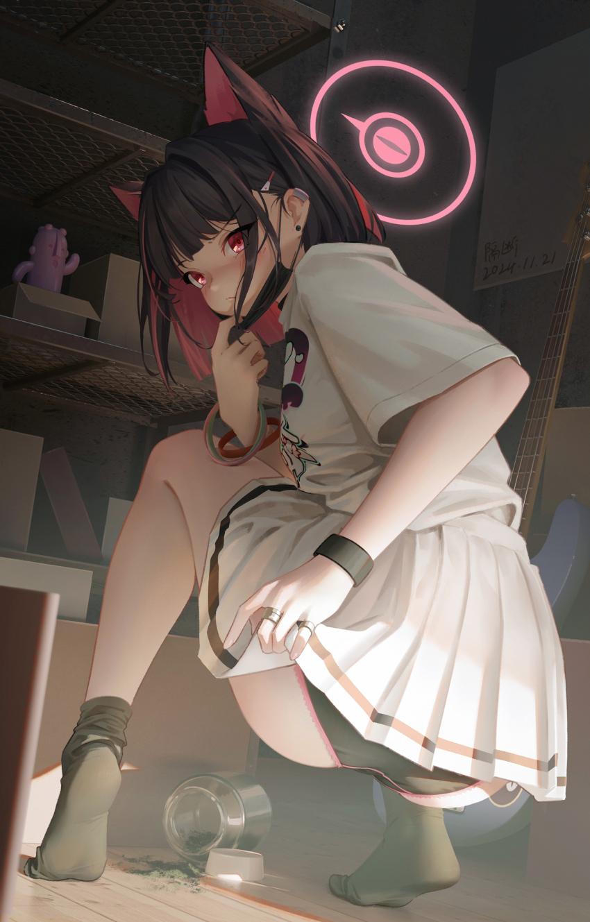 1girl absurdres animal_ears black_hair black_mask black_panties black_socks blue_archive blush cat_ears colored_inner_animal_ears colored_inner_hair commentary earclip earrings extra_ears feet geduan halo haniwa_(statue) highres indoors jewelry kazusa_(band)_(blue_archive) kazusa_(blue_archive) looking_at_viewer looking_back mask mask_pull mouth_mask multicolored_hair no_shoes official_alternate_costume panties pantyshot pink_hair pleated_skirt red_eyes revision shirt skirt socks soles solo spill squatting stud_earrings tiptoes two-tone_hair underwear white_shirt white_skirt