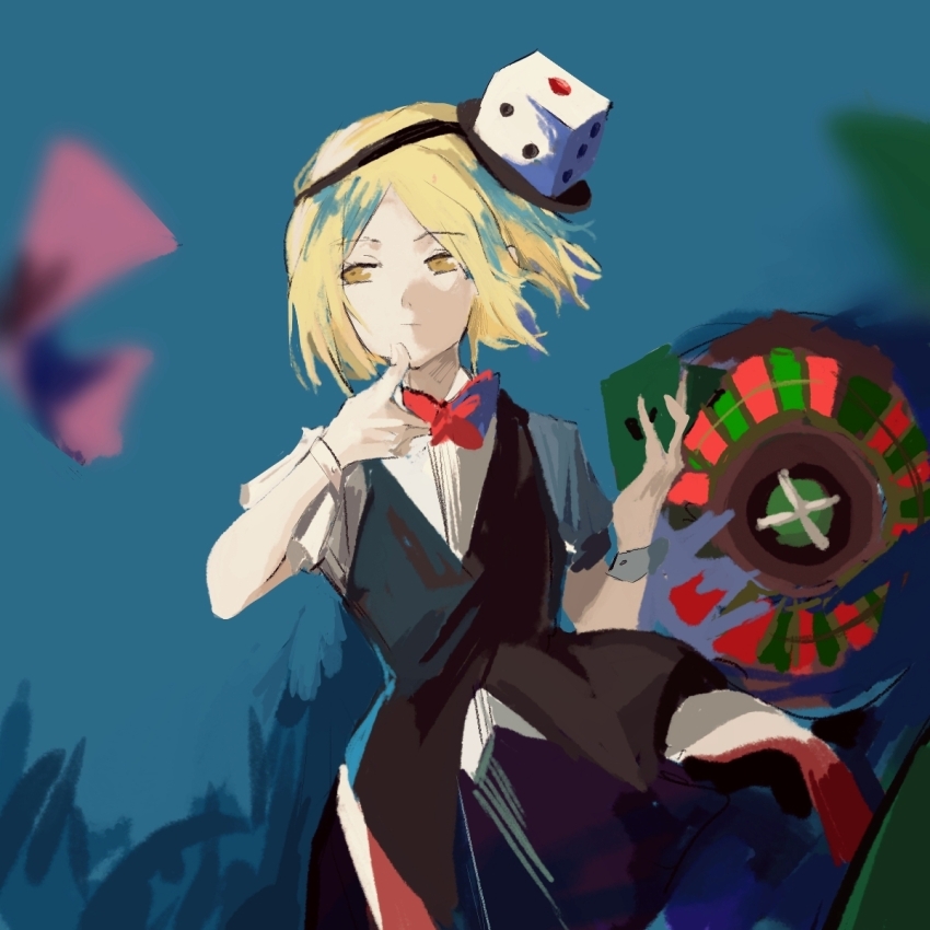 1other androgynous black_skirt black_vest blonde_hair card closed_mouth commentary_request cowboy_shot dice_hair_ornament finger_to_own_chin hair_ornament heinrich_(fernanderuddle) highres holding holding_card len&#039;en other_focus puffy_short_sleeves puffy_sleeves roulette_table shirt short_hair short_sleeves sketch skirt solo table vest white_shirt white_wrist_cuffs wrist_cuffs xeno_a yellow_eyes