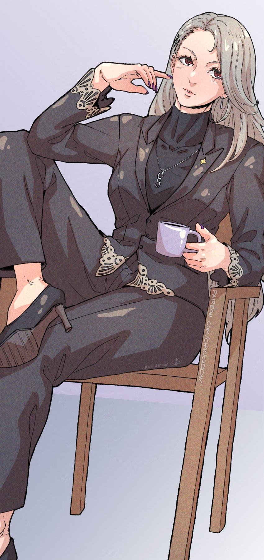 1girl absurdres black_footwear black_jacket black_pants chair chuckuddin cup earrings formal_clothes grey_hair high_heels highres holding holding_cup jacket jewelry long_hair long_sleeves nail_polish necklace niijima_sae pants patreon_username persona persona_5 purple_nails red_eyes sitting suit
