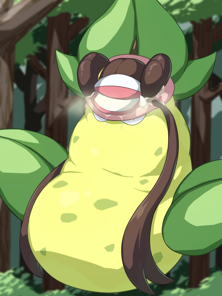 1girl absurdres brown_hair commentary_request double_bun forest gen_1_pokemon hair_bun highres kerriaria long_hair long_twintails nature nintendo outdoors peril plant_monster pokemon pokemon_(creature) pokemon_bw2 rosa_(pokemon) saliva teeth tree twintails very_long_hair victreebel visor_cap vore