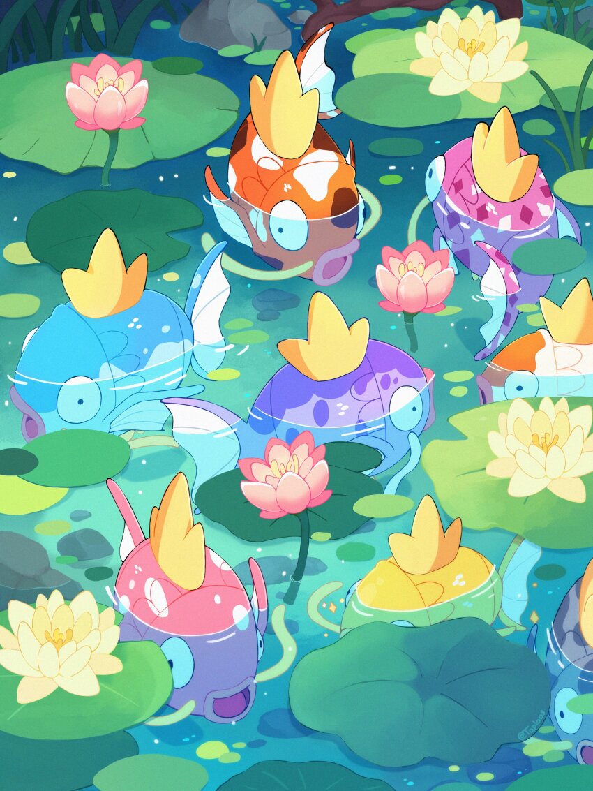 absurdres alternate_color alternate_shiny_pokemon creatures_(company) day fish flower game_freak gen_1_pokemon highres lily_pad lotus magikarp nintendo no_humans open_mouth outdoors pink_flower pokemon pokemon_(creature) taplaos water yellow_flower