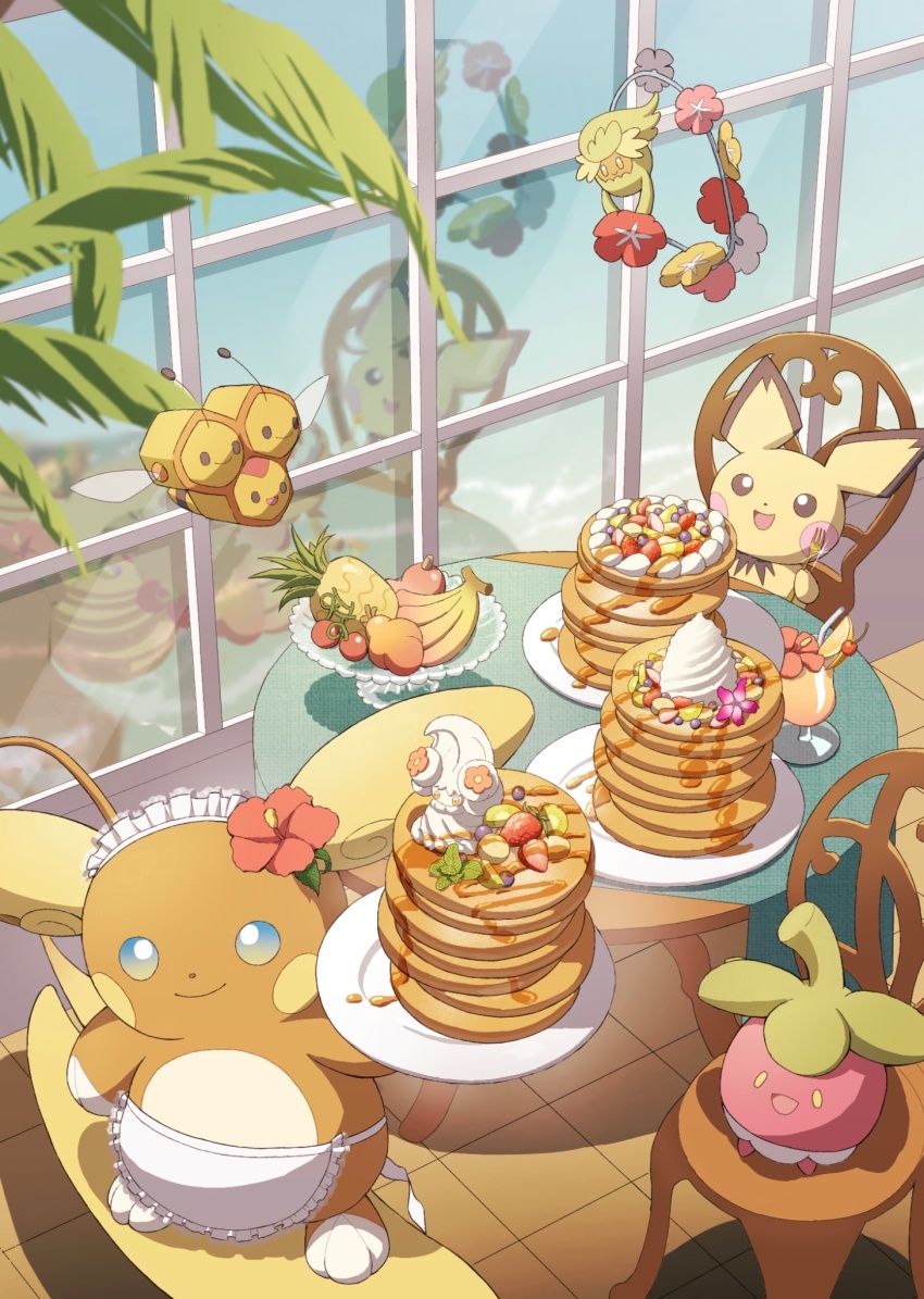 :d alcremie alolan_form alolan_raichu apron bounsweet chair closed_mouth combee comfey commentary_request flower food fork fruit game_freak gen_2_pokemon gen_4_pokemon gen_7_pokemon gen_8_pokemon happy headdress highres holding holding_fork mri_361 nintendo no_humans open_mouth pancake pichu plate pokemon pokemon_(creature) reflection sitting smile standing syrup table waist_apron whipped_cream white_apron yellow_eyes