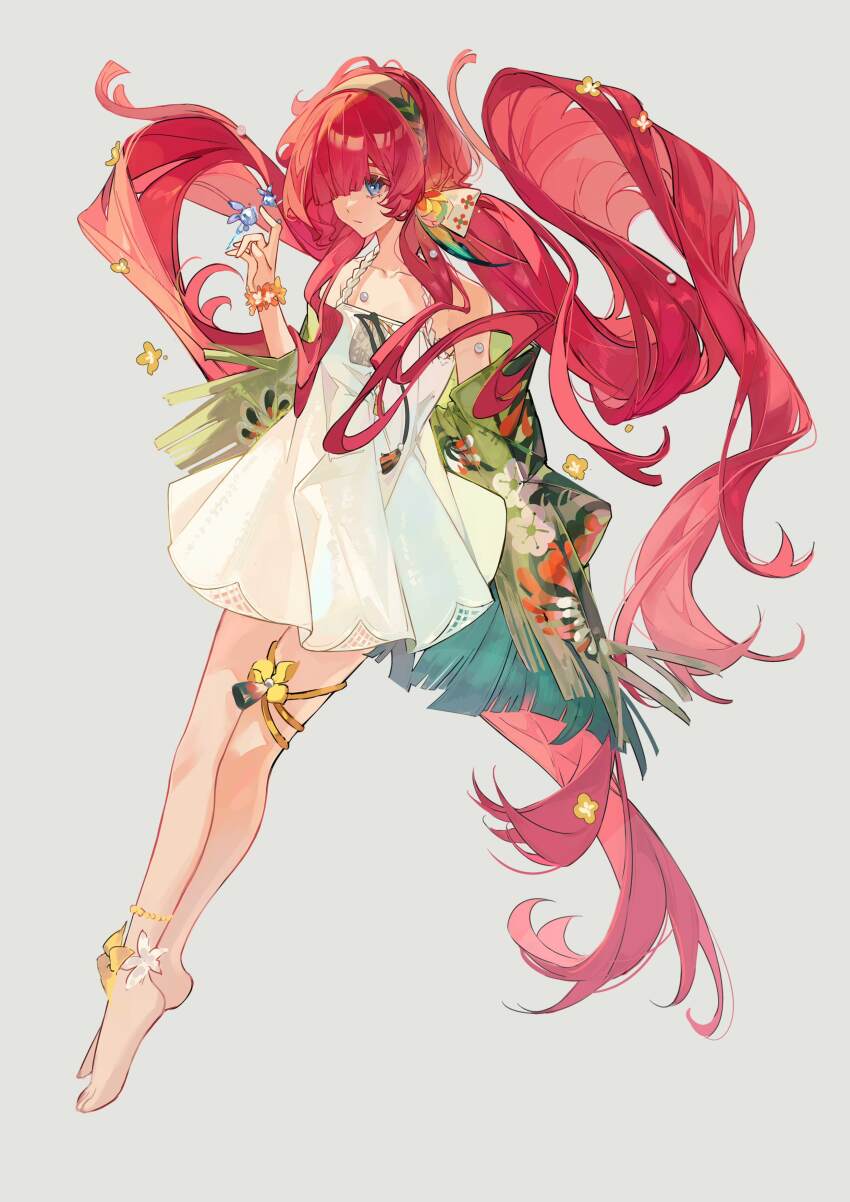 1girl :/ absurdres bare_shoulders barefoot blue_eyes bracelet capelet crossed_legs dress floating_hair flower flower_anklet flower_bracelet full_body green_capelet green_hairband grey_background hair_over_one_eye hairband hand_up highres jewelry long_hair looking_at_hand low_twintails meiyou_lizhi official_alternate_costume one_eye_covered red_hair reverse:1999 short_dress sleeveless sleeveless_dress solo thigh_strap twintails very_long_hair water_drop white_dress white_flower yellow_flower yenisei_(around_the_riverbend)_(reverse:1999) yenisei_(reverse:1999)