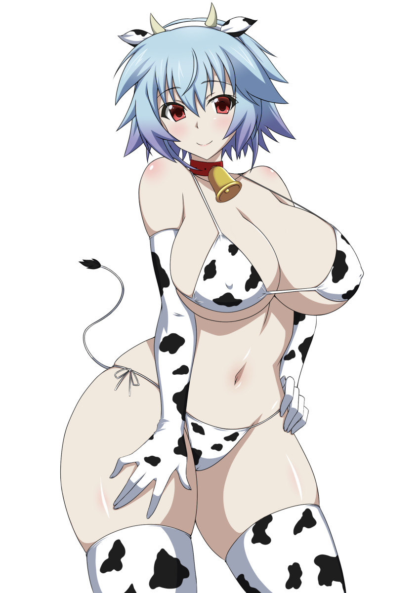 1girl absurdres animal_ears animal_print bell bikini blue_hair breasts cleavage collar covered_erect_nipples cow_print cow_print_bikini cowbell fake_animal_ears fake_horns fake_tail hair_between_eyes hand_on_own_hip highres horns infinite_stratos looking_at_viewer navel neck_bell print_bikini red_eyes sarashiki_tatenashi shiny_skin short_hair simple_background smile solo space_gorilla swimsuit tail thighhighs white_background