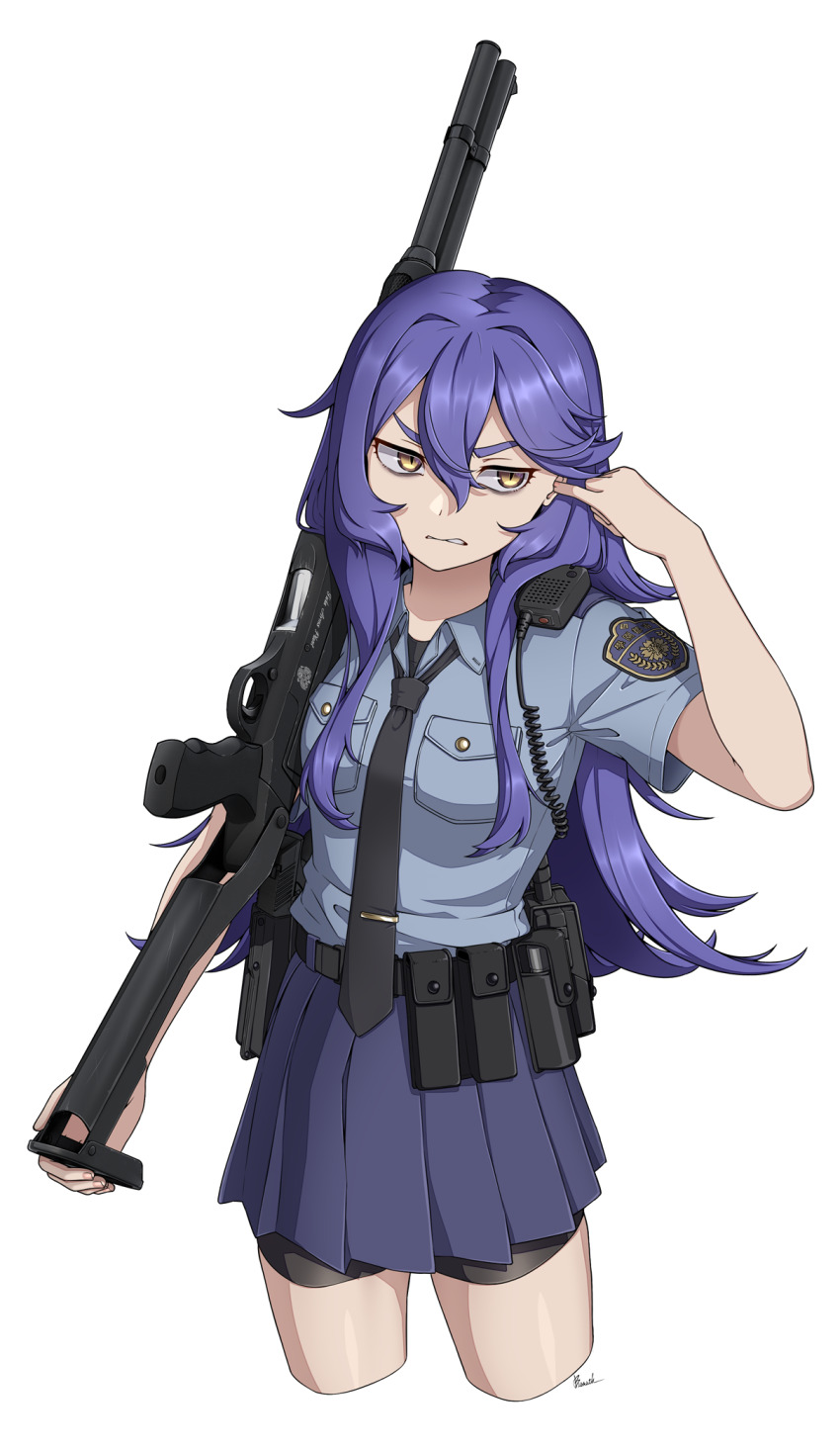 1girl bike_shorts bismuth_(paravene) black_necktie black_shorts blue_shirt breasts brown_eyes clenched_teeth collared_shirt commentary_request cropped_legs folding_stock gun hair_between_eyes hand_up handgun highres holding holding_gun holding_weapon holstered long_hair m1014 necktie original pleated_skirt purple_hair purple_skirt shirt short_sleeves shorts shorts_under_skirt shotgun signature simple_background skirt small_breasts solo teeth thick_eyebrows tie_clip v-shaped_eyebrows very_long_hair weapon white_background