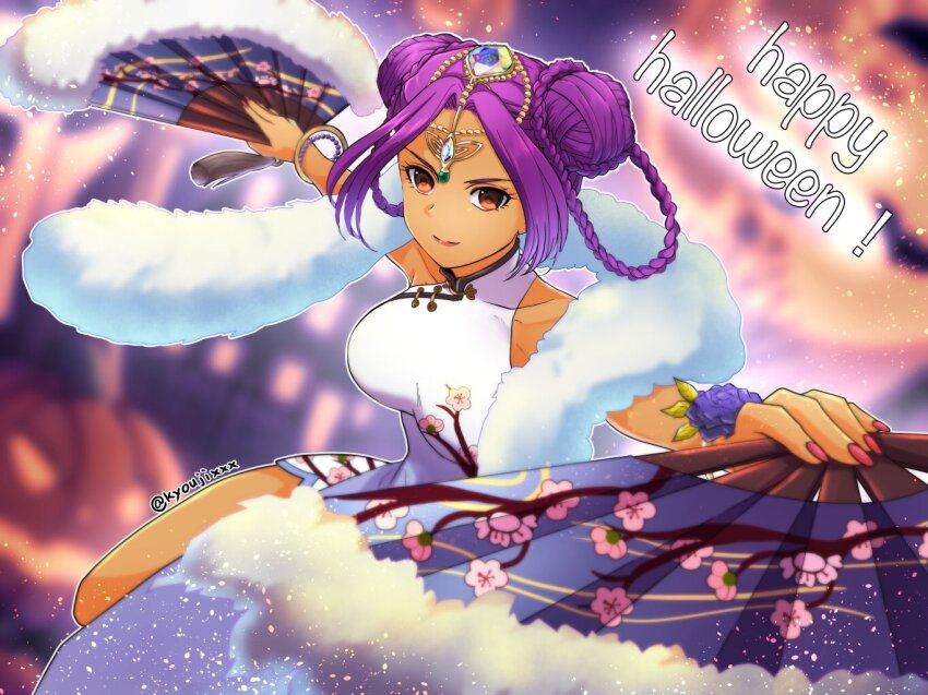 1girl bare_shoulders bead_bracelet beads blurry blurry_background bracelet braid braided_bun braided_hair_rings breasts cherry_blossom_print china_dress chinese_clothes circlet closed_mouth commentary_request dark-skinned_female dark_skin double_bun dragon_quest dragon_quest_iv dragon_quest_tact dress dual_wielding floating_clothes floral_print flower fur_shawl gold_bracelet gold_circlet hair_bun hair_rings hand_fan happy_halloween holding holding_fan jack-o&#039;-lantern jewelry koshi_(meermisa) large_breasts looking_at_viewer manya_(dq4) multiple_bracelets official_alternate_costume orange_eyes parted_bangs purple_flower purple_hair red_nails shawl sleeveless sleeveless_dress smile solo