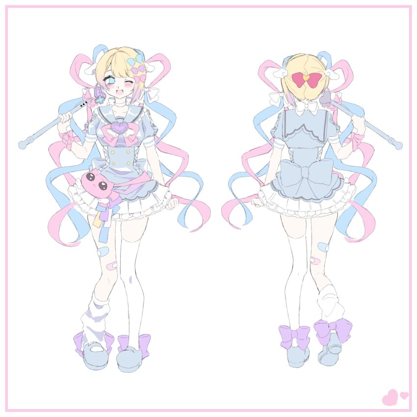 1girl ;d animal_bag bandage_on_leg blonde_hair blue_dress blue_eyes blue_hair blue_sandals blunt_bangs blush bow cat_bag chouzetsusaikawa_tenshi-chan colored_tips dress frilled_dress frills front_and_back full_body hair_bow highres hn_ost holding holding_wand multicolored_hair multiple_hair_bows needy_girl_overdose one_eye_closed open_mouth pien_cat_(needy_girl_overdose) pink_hair quad_tails sandals smile socks solo standing standing_on_one_leg thighhighs wand white_socks white_thighhighs zettai_ryouiki