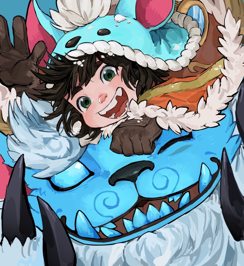 1boy beard blue_eyes blue_skin brown_eyes brown_gloves brown_hair cape claws colored_skin facial_hair fur-trimmed_cape fur_trim ghostgrass gloves hand_up highres league_of_legends looking_at_viewer nunu_(league_of_legends) on_head one_eye_closed open_mouth orange_cape short_hair smile snow teeth willump yetigame