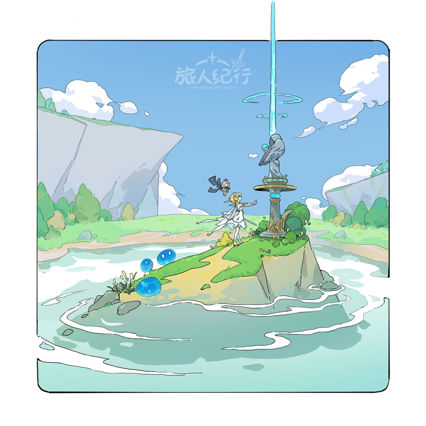 2girls arm_up black_cape blonde_hair blue_sky boots border bush cape cliff cloud day dress flower flying genshin_impact grass hair_flower hair_ornament halo highres holding holding_sword holding_weapon island lake lumine_(genshin_impact) multiple_girls outdoors outstretched_arm paimon_(genshin_impact) path plant road rock sand scenery short_hair short_hair_with_long_locks sidelocks sky sleeveless sleeveless_dress slime_(genshin_impact) standing statue statue_of_the_seven sword thigh_boots tree vambraces water weapon white_border white_cape white_dress white_flower white_footwear white_hair wide_shot xiang_wan_wei_wan