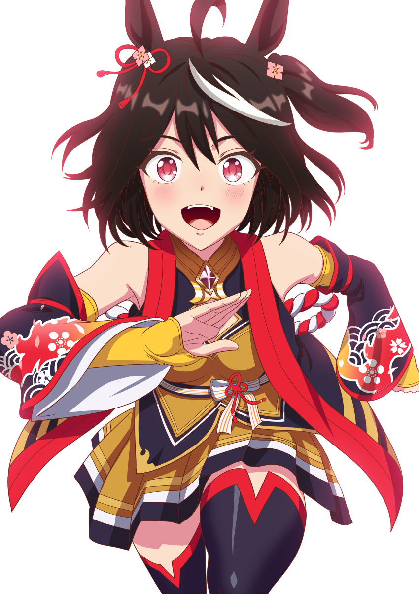 1girl absurdres ahoge animal_ears black_hair black_thighhighs breasts charka commentary_request detached_sleeves hair_ornament highres horse_ears horse_girl kitasan_black_(umamusume) long_hair long_sleeves looking_at_viewer medium_breasts multicolored_hair open_mouth pink_eyes pleated_skirt running shirt simple_background skirt smile solo teeth thighhighs tongue umamusume upper_teeth_only white_background white_hair yellow_shirt yellow_skirt