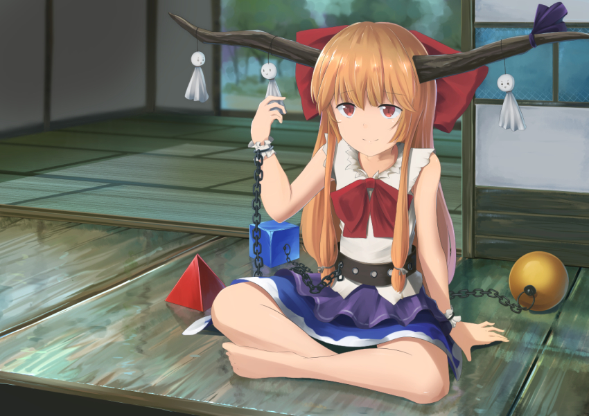 1girl bare_legs chain crossed_legs cube female_focus full_body hair_ribbon horn_ornament horn_ribbon horns ibuki_suika long_hair looking_at_viewer oni oni_horns orange_hair orb red_eyes ribbon shirt sidelocks sitting skirt smile solo takeyoshi_(albizia) tatami teruterubouzu tetrahedron torn_clothes torn_sleeves touhou white_shirt