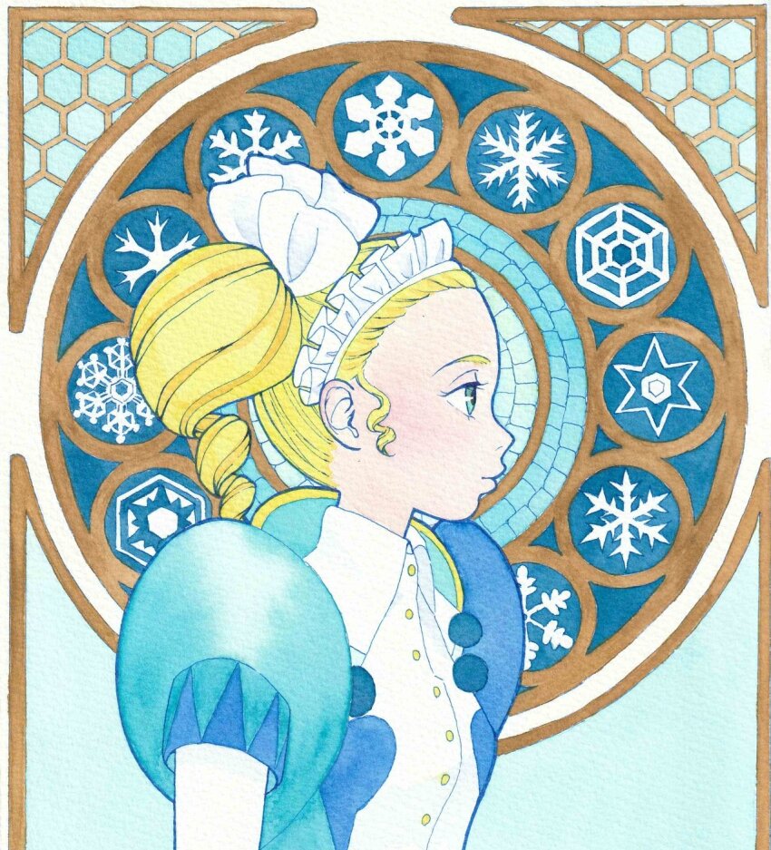 1girl art_nouveau blonde_hair blue_dress blue_eyes buttons classicaloid collared_shirt dress drill_hair eyelashes from_side highres maid_headdress painting_(medium) parted_lips puffy_short_sleeves puffy_sleeves pyotr_illyich_tchaikovsky_(classicaloid) shirt short_sleeves snowflakes solo traditional_media twin_drills upper_body watercolor_(medium) white_shirt yoyuu_no_sauzando