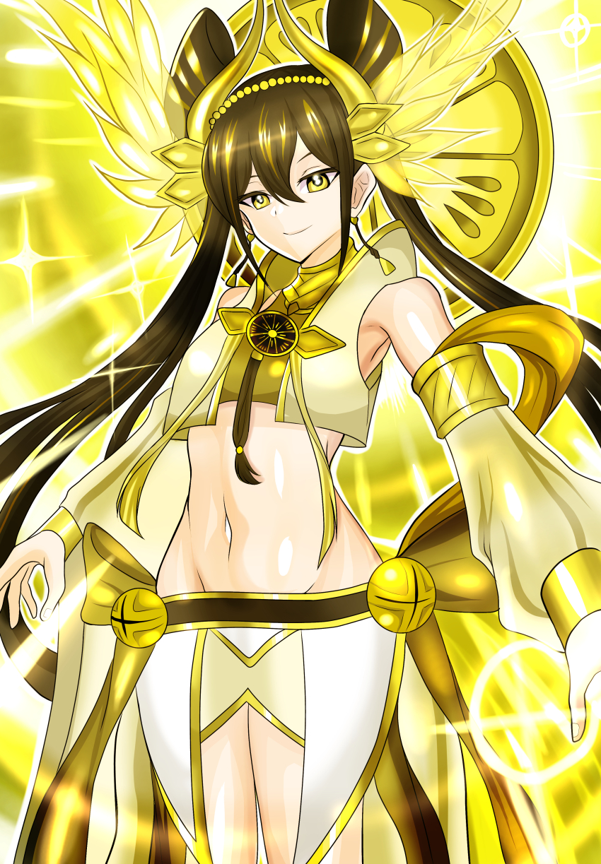 1girl absurdres bell black_hair bracelet breasts detached_sleeves duel_monster earrings feather_hair_ornament feathers hair_ornament highres japanese_clothes jewelry long_hair long_sleeves mandarin_orange_slice medium_breasts midriff navel ohime_the_manifested_mikanko solo stomach twintails user_zsru8573 yellow_eyes yu-gi-oh!