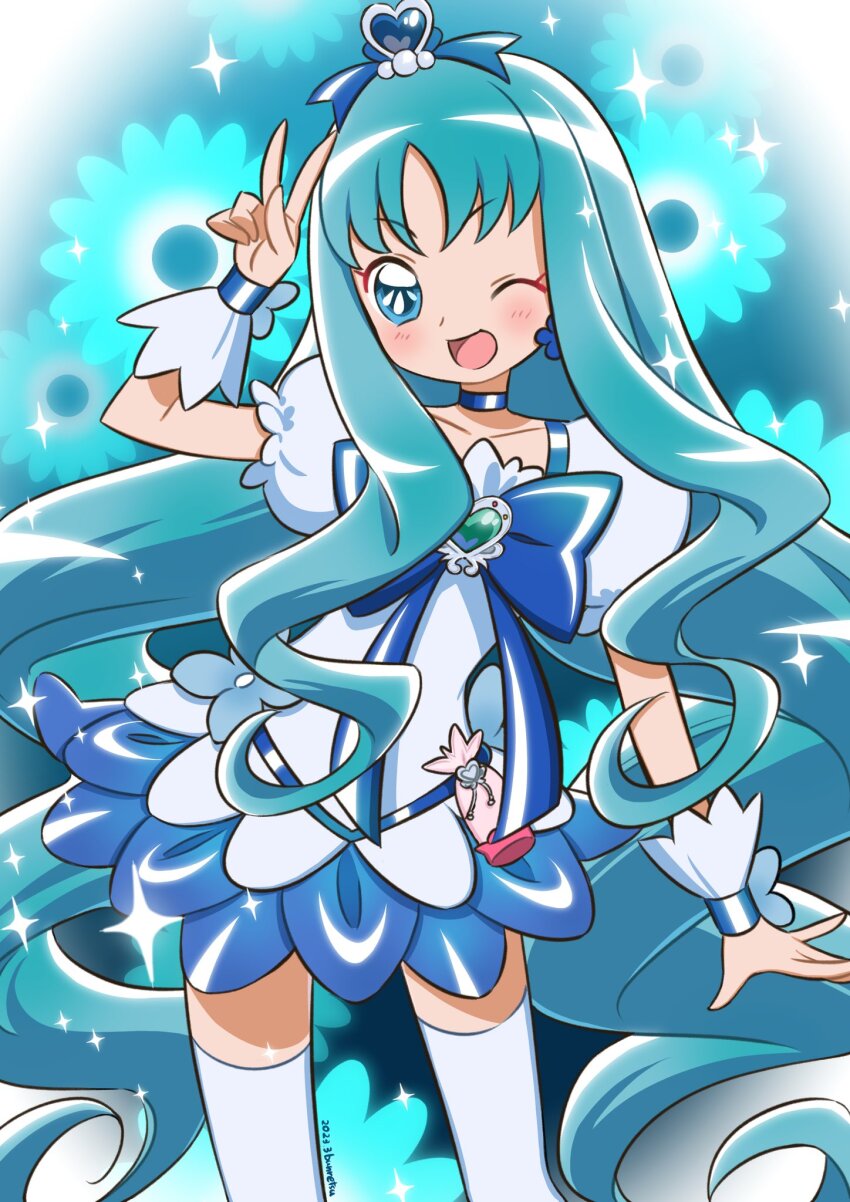 blue_background blue_choker blue_skirt blue_theme brooch bun_(jewd5385) choker cure_marine earrings flower_earrings heart heart_brooch heartcatch_precure! highres jewelry kurumi_erika magical_girl open_mouth petals precure puffy_sleeves skirt smile thighhighs white_thighhighs wrist_cuffs