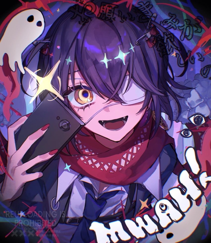 1boy ayaaa968 black_hair black_necktie cellphone eyepatch highres holding holding_phone looking_at_viewer male_focus mashiro_meme mashiro_meme_(1st_costume) medical_eyepatch monitoring_(vocaloid) necktie nijisanji open_mouth phone red_nails red_scarf scarf shirt smartphone solo teeth virtual_youtuber watermark white_shirt yellow_eyes