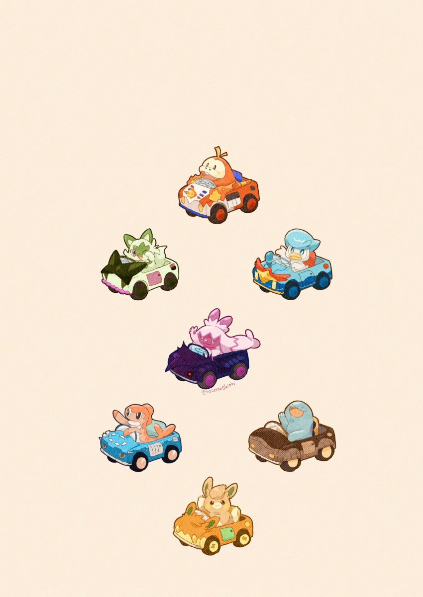 ;3 ;d blue_eyes bright_pupils brown_background brown_eyes car clodsire closed_mouth commentary_request corviknight dondozo fangs fuecoco furrowed_brow gen_2_pokemon gen_8_pokemon hand_up highres long_hair looking_at_viewer meowscarada motor_vehicle nintendo no_humans one_eye_closed open_mouth pawmo pawmot pink_hair pokemon pokemon_(creature) quagsire quaquaval quaxly red_eyes simple_background sitting skeledirge smile sprigatito starter_pokemon_trio tatsugiri tatsugiri_(curly) tinkaton waving white_pupils zozozoshion