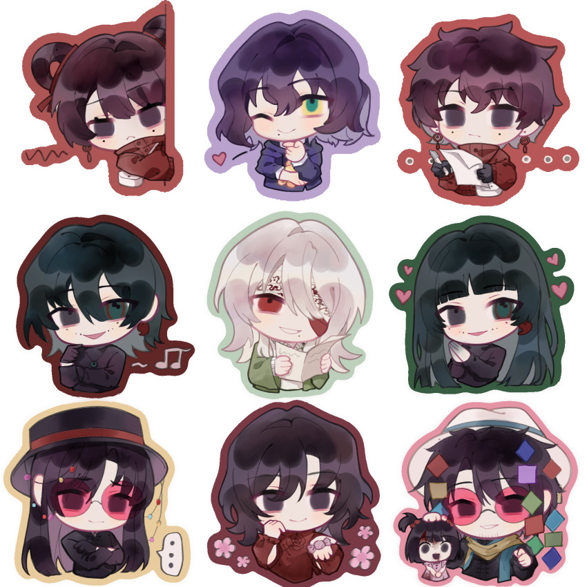 ... 4girls 5boys :&lt; ;) bandage_over_one_eye beard_stubble black_eyes black_gloves black_hair black_hat black_shirt blood blood_on_face blue_hoodie blunt_bangs brown_hair candy chibi chibi_only chinese_commentary closed_mouth commentary_request cropped_arms di_hongxia dress dugusunshine earrings facial_hair food gloves green_eyes green_outline hair_between_eyes hair_bobbles hair_bun hair_ornament hair_rings hand_on_another&#039;s_head hat heart heterochromia highres holding holding_candy holding_food holding_paper holding_pen hood hood_down hoodie huai_huizhi huai_yunqing jacket jewelry li_yuting_(female) li_yuting_(male) long_hair long_sleeves medium_hair mole mole_under_each_eye mole_under_eye mole_under_mouth multicolored_eyes multiple_boys multiple_girls multiple_moles naihe_(female)_(touqi_guaitan) naihe_(male)_(touqi_guaitan) one_eye_closed open_clothes open_jacket open_mouth outline own_hands_together paper parted_bangs pen pink-tinted_eyewear pink_dress pink_outline purple_outline red_eyes red_jacket red_outline red_shirt round_eyewear scarf shirt short_hair short_twintails shu_nanfeng simple_background single_hair_bun single_hair_ring sleeves_past_fingers sleeves_past_wrists smile spoken_ellipsis spoken_heart stubble tinted_eyewear touqi_guaitan twintails white_background white_bag white_hair white_hat wrapped_candy yellow_outline yellow_scarf you_jiujiu