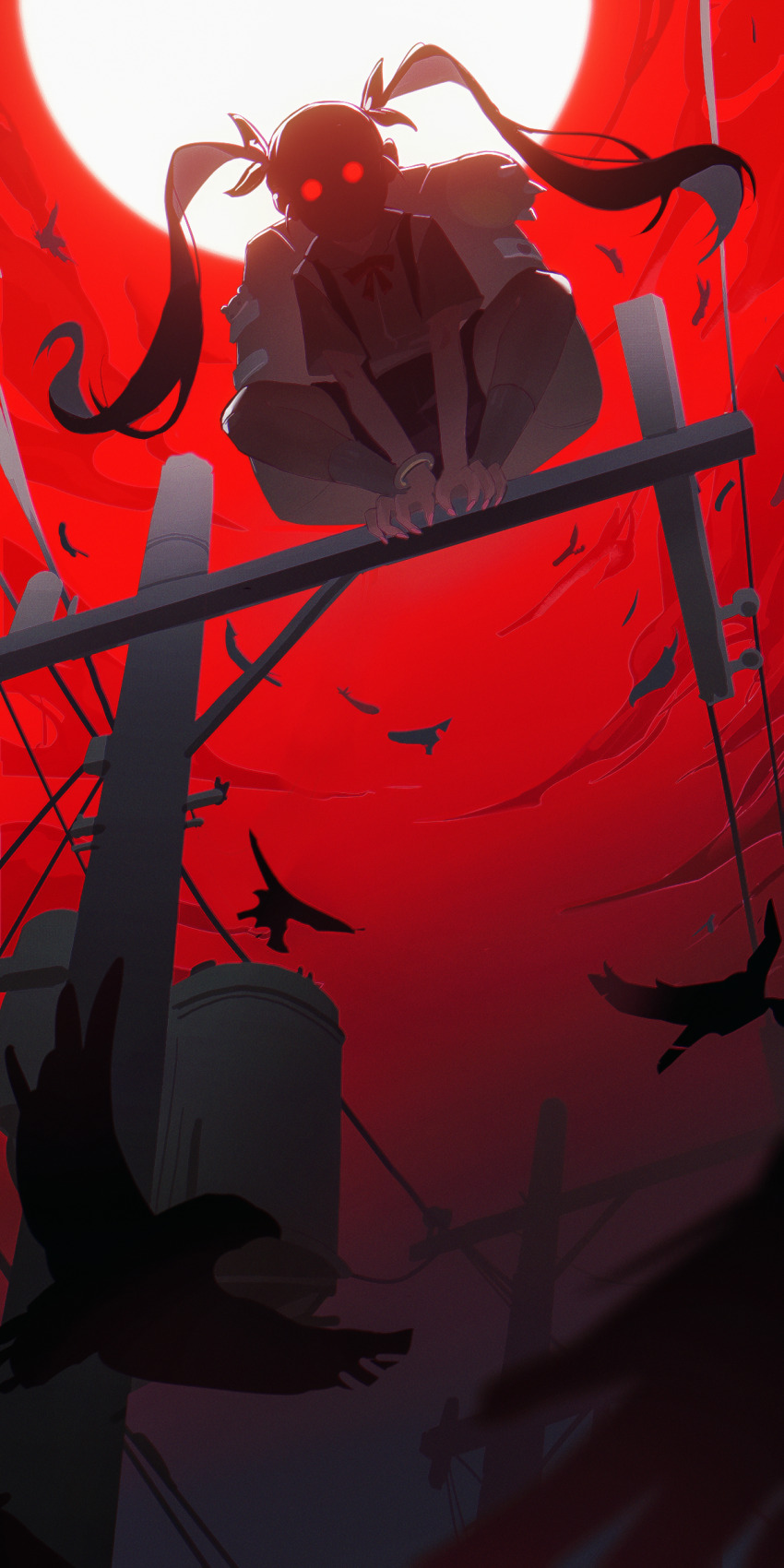 1girl absurdres backpack bag bird commentary crow english_commentary enoharatoki eyes_in_shadow falling_feathers feathers floating_hair from_below full_moon glowing glowing_eyes hachikuji_mayoi hair_ribbon highres long_hair monogatari_(series) moon outdoors power_lines red_eyes red_sky ribbon school_uniform shirt short_sleeves skirt sky solo squatting suspender_skirt suspenders transformer twintails utility_pole very_long_hair