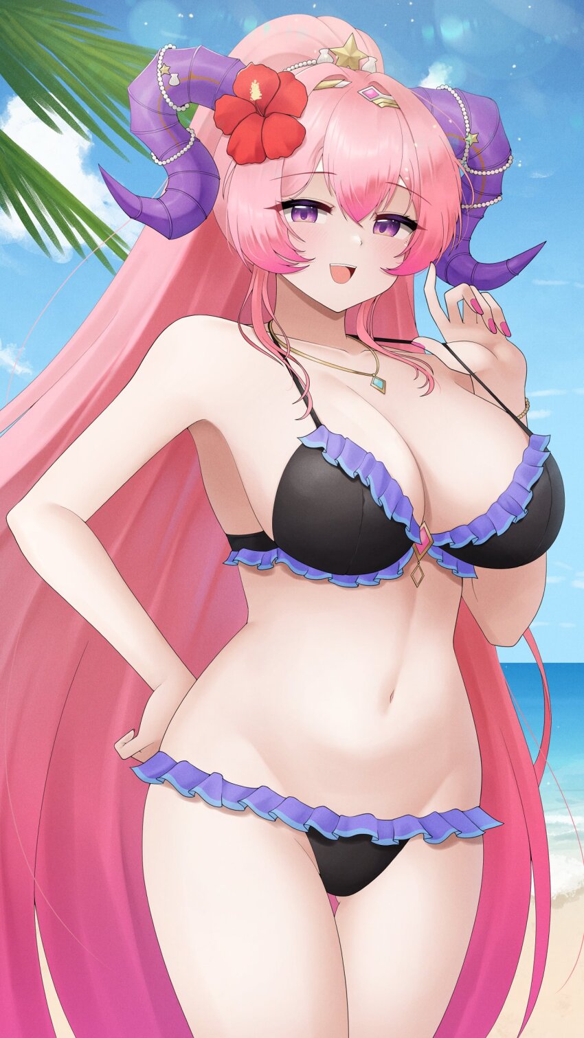 1girl bare_arms bare_shoulders beach bikini black_bikini blue_sky blush breasts cleavage cloud collarbone curled_horns doiparuni fire_emblem fire_emblem_heroes flower gluteal_fold goat_horns hair_flower hair_ornament hand_on_own_hip highres horns jewelry large_breasts large_horns long_hair looking_at_viewer multicolored_hair navel necklace nerthuz_(fire_emblem) nerthuz_(summer)_(fire_emblem) nintendo ocean official_alternate_costume open_mouth outdoors palm_leaf palm_tree pink_hair ponytail purple_eyes purple_horns sky smile solo stomach strap_pull swimsuit thighs tiara tree very_long_hair water