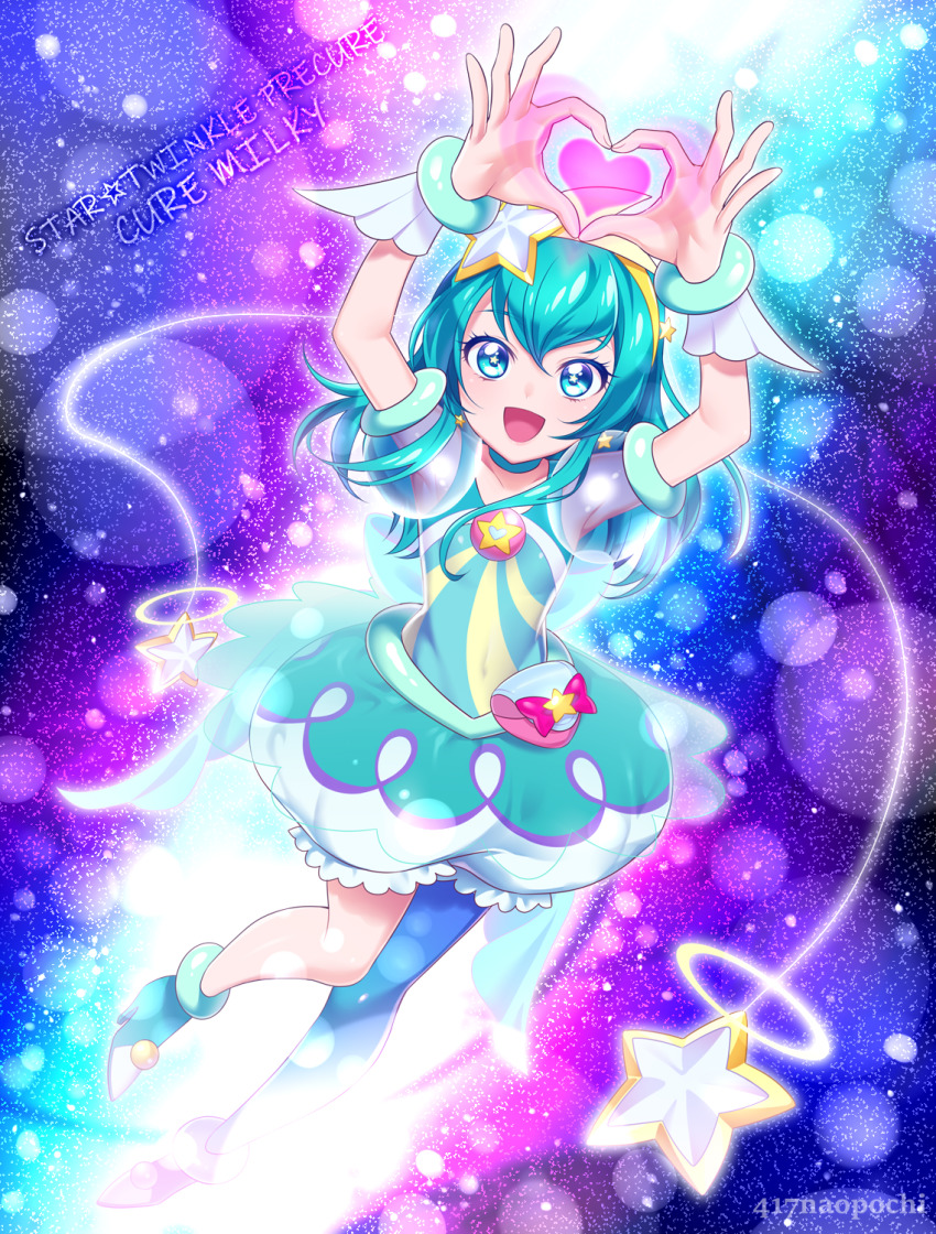 0417nao 1girl :d arms_up artist_name blue_choker blue_eyes blue_hair blue_pantyhose blue_skirt bubble_skirt character_name choker commentary_request copyright_name cure_milky earrings female_focus full_body hagoromo_lala hair_ornament hairband heart heart_hands highres jewelry magical_girl open_mouth pantyhose precure short_hair single_leg_pantyhose single_thighhigh skirt smile solo star-shaped_pupils star_(sky) star_(symbol) star_earrings star_hair_ornament star_twinkle_precure symbol-shaped_pupils thighhighs wrist_cuffs yellow_hairband