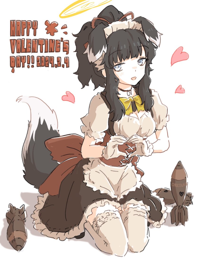 1girl alternate_costume ammunition animal_ears apron black_choker black_hair blue_archive blue_eyes bow breasts bright_pupils choker cleavage dog_ears dog_tail english_text extra_ears frilled_apron frilled_hairband frilled_skirt frilled_thighhighs frills gloves hairband halo happy_valentine hariyaa heart heart_hands hibiki_(blue_archive) highres kneeling medium_breasts medium_hair mortar_shell short_sleeves sidelocks simple_background skirt solo tail thighhighs underbust waist_apron white_background white_gloves white_thighhighs yellow_bow yellow_halo