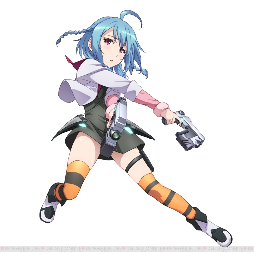 10s 1girl :o ahoge aqua_hair black_skirt blush braid child dengeki dual_wielding female_focus full_body gakusen_toshi_asterisk gun highres holding holding_weapon holster kawakami_tetsuya necktie official_art pink_eyes sasamiya_saya school_uniform skirt solo striped_legwear twin_braids weapon