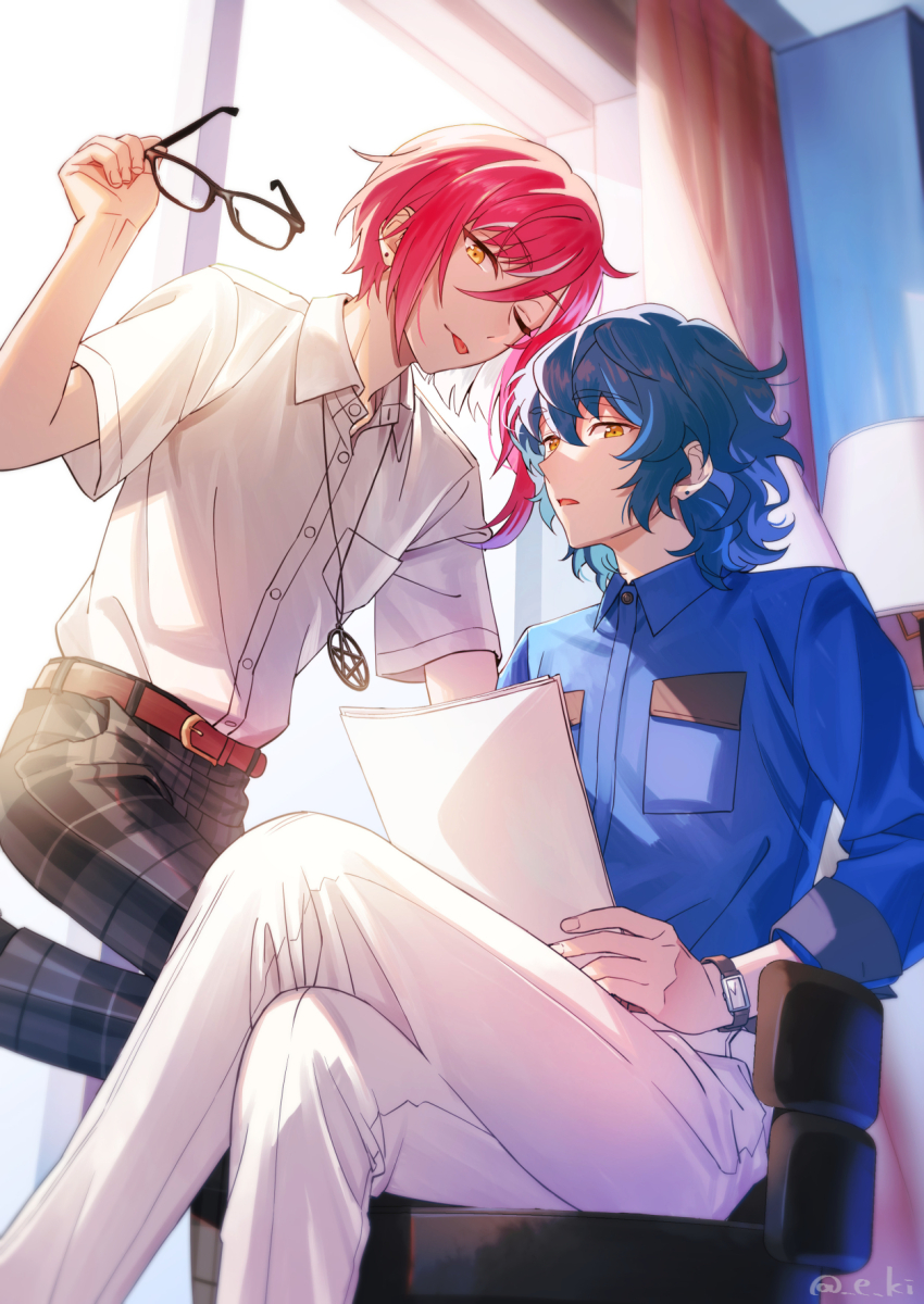 2boys ;p against_window aoba_tsumugi asymmetrical_sidelocks belt bishounen black_pants blue_hair blue_shirt breast_pocket brown_belt closed_mouth collared_shirt crossed_legs curtains dark_blue_hair day dress_shirt e_ki earrings ensemble_stars! hair_between_eyes hand_up highres holding holding_paper holding_removed_eyewear indoors jewelry knee_up lampshade looking_at_viewer male_focus medium_hair multicolored_hair multiple_boys necklace no_jacket one_eye_closed open_collar pants paper parted_lips pendant pentagram_necklace pentagram_pendant plaid_clothes plaid_pants pocket red_hair sakasaki_natsume school_uniform shirt shirt_tucked_in short_hair_with_long_locks short_sleeves sleeves_past_wrists sleeves_rolled_up streaked_hair stud_earrings sunlight tongue tongue_out twitter_username unworn_eyewear watch wavy_hair white_hair white_pants white_shirt wristwatch yumenosaki_school_uniform