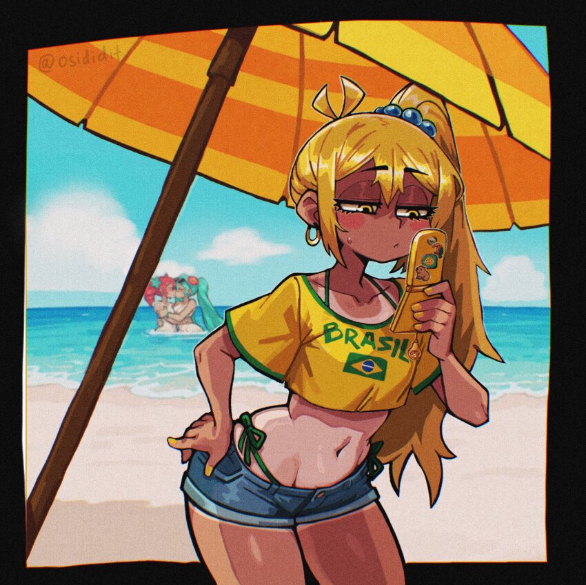 3girls akita_neru alternate_costume antenna_hair beach_umbrella blonde_hair blue_hair blurry blurry_background cellphone closed_mouth collarbone cropped_shirt day denim denim_shorts drill_hair earrings flip_phone hair_bobbles hair_ornament hatsune_miku highres jewelry kasane_teto kiss long_hair micro_shorts multiple_girls navel osidid outdoors phone red_hair short_hair short_sleeves shorts side_ponytail sweatdrop tan tanline twin_drills twintails umbrella vocaloid yellow_eyes yellow_nails yuri