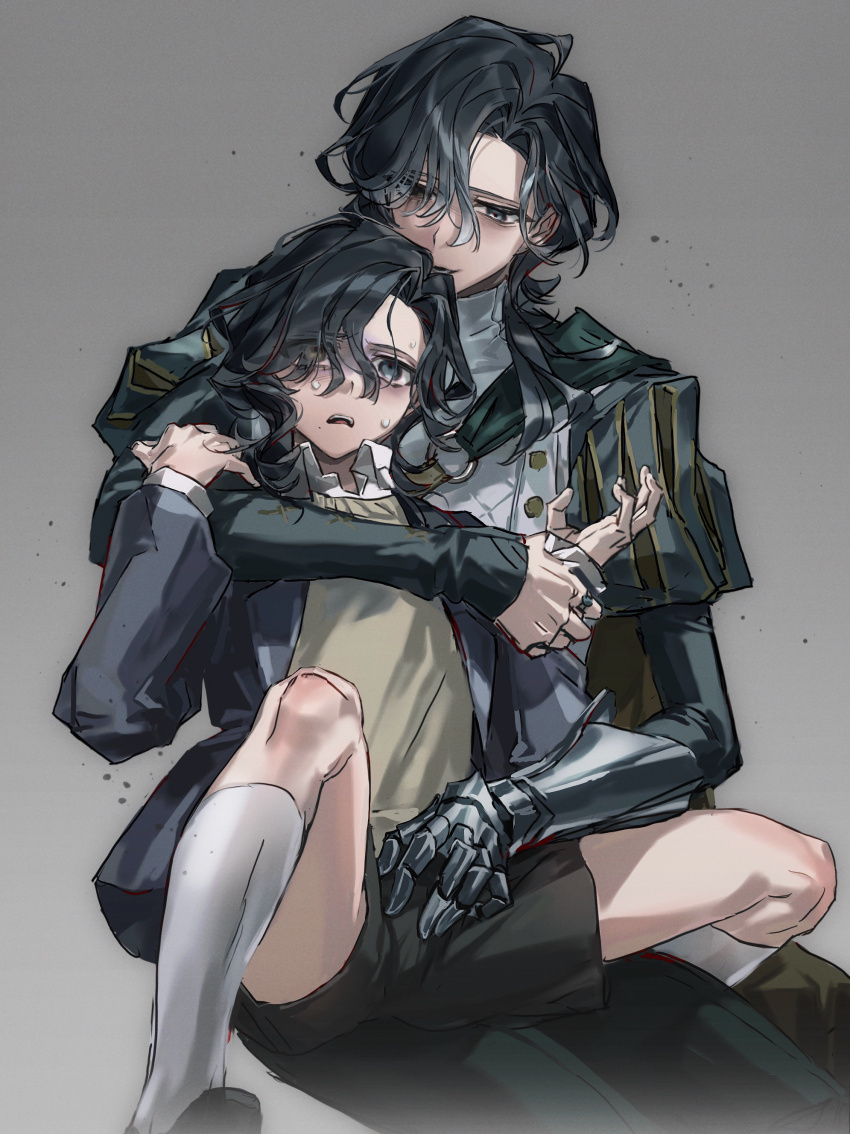 2boys absurdres age_comparison age_difference ashes black_hair black_jacket black_shoes black_shorts blue_eyes chinese_commentary collared_shirt commentary_request curly_hair curtained_hair dual_persona eye_contact eyes_visible_through_hair front-to-back gauntlets gradient_background green_sleeves grey_background hair_over_one_eye hand_on_another&#039;s_arm heterochromia highres holding_another&#039;s_wrist identity_v invisible_chair jacket jewelry juliet_sleeves kd_sayakayui kneehighs light_smile long_sleeves looking_at_another male_focus medium_hair multiple_boys nervous_sweating onii-shota open_clothes open_jacket open_mouth parted_lips puff_and_slash_sleeves puffy_sleeves quilted_clothes richard_sterling ring selfcest shirt shoes short_shorts shorts simple_background single_gauntlet sitting sitting_on_person sleeves_past_wrists socks spread_legs sweat sweater_vest white_shirt white_socks yaoi yellow_eyes yellow_sweater_vest