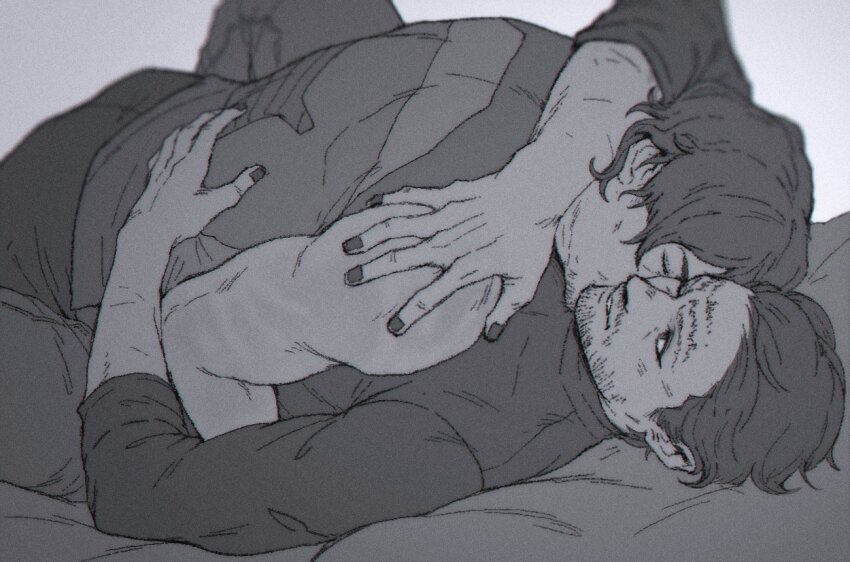 2boys bara bed closed_eyes couple death_stranding facial_hair facial_mark goatee greyscale hamms_hamss higgs_(death_stranding) looking_at_another lying male_focus mature_male monochrome multiple_boys muscular muscular_male mustache nail_polish on_back on_bed pants sam_porter_bridges shirt short_hair smile tank_top yaoi