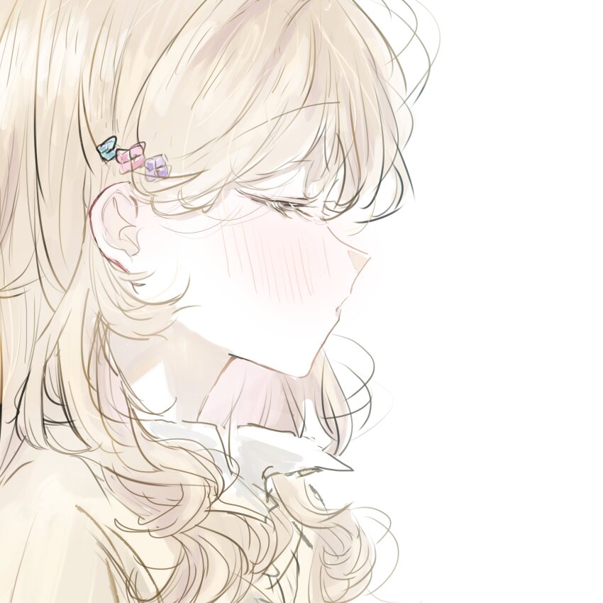 1girl absurdres blonde_hair blush closed_eyes collared_shirt highres kusakayosituki1 long_hair parted_lips sena_ajisai shirt simple_background solo watashi_ga_koibito_ni_nareru_wake_naijan_murimuri! white_background