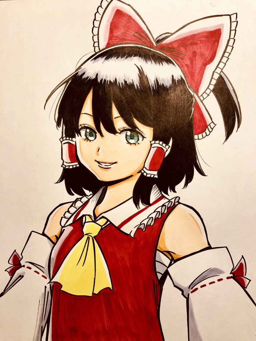 1girl ascot bare_shoulders blue_eyes bow brown_hair chest_sarashi commentary_request frilled_bow frilled_shirt_collar frills hair_bow hakurei_reimu highres long_sleeves medium_hair parted_lips ponytail red_bow red_skirt s590220 sarashi shirt sidelocks skirt sleeveless sleeveless_shirt solo touhou traditional_media upper_body white_sleeves yellow_ascot