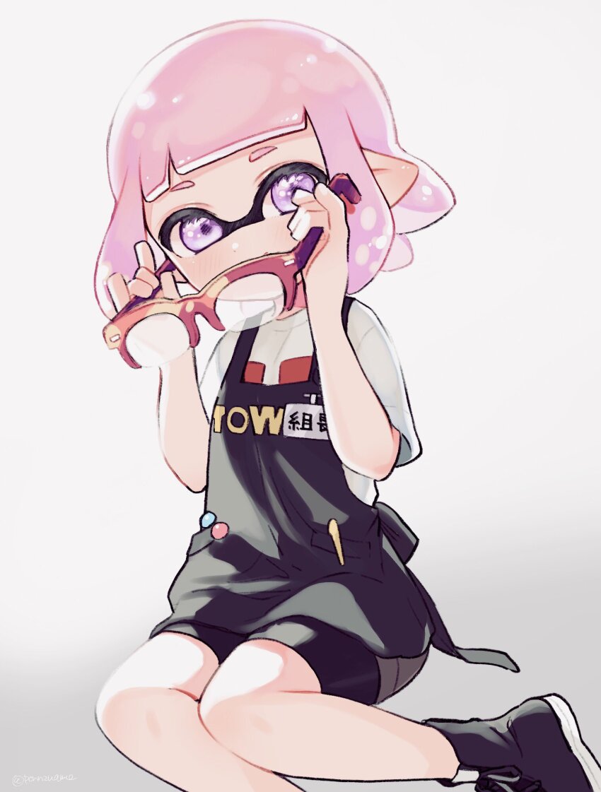 1girl amezawa_koma apron black_apron black_shoes black_shorts blunt_bangs brown_skirt commentary glasses highres holding holding_removed_eyewear inkling inkling_girl inkling_player_character invisible_chair looking_at_viewer miniskirt nintendo over-rim_eyewear pink_hair pointy_ears purple_eyes red-framed_eyewear removing_eyewear semi-rimless_eyewear shirt shoes short_hair short_sleeves shorts shorts_under_skirt sitting skirt solo splatoon_(series) symbol-only_commentary t-shirt tentacle_hair unworn_eyewear white_shirt yokozuwari